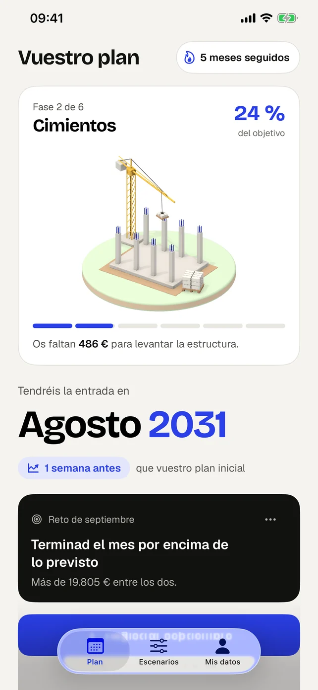 Pantalla del plan: la casa en construcción al 24 % y la fecha estimada, agosto de 2031
